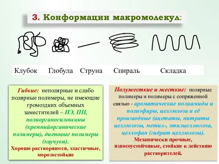 3. Конформации макромолекул: Гибкие: неполярные и слабо полярные полимеры, не имеющие