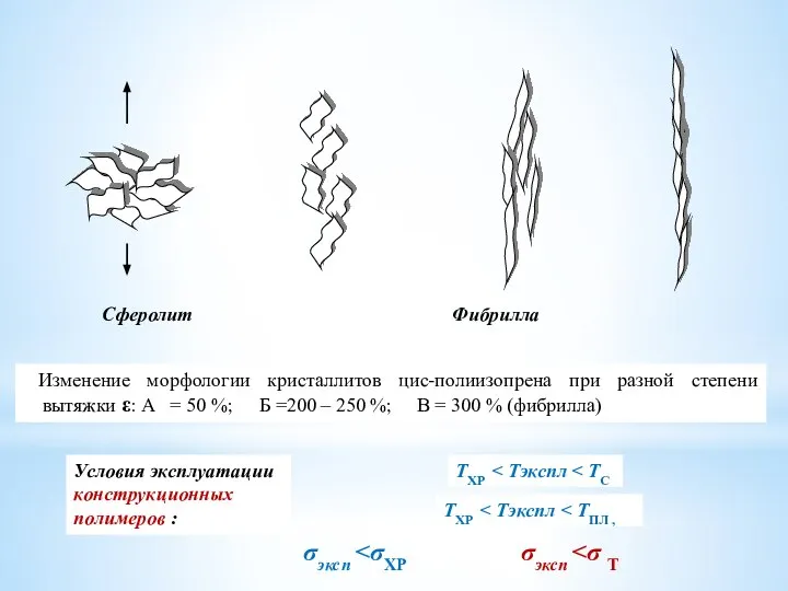 Сферолит Фибрилла Изменение морфологии кристаллитов цис-полиизопрена при разной степени вытяжки ε: