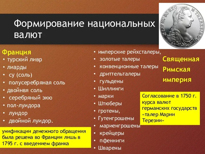 Формирование национальных валют Франция турский ливр лиарды су (соль) полусеребряная соль