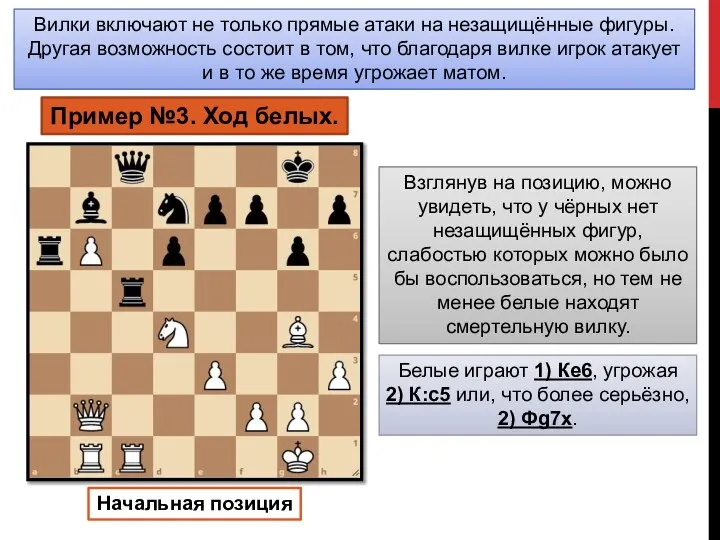 Вилки включают не только прямые атаки на незащищённые фигуры. Другая возможность