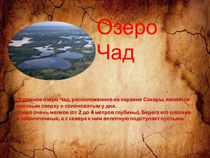 Огромное озеро Чад, расположенное на окраине Сахары, является пресным сверху и