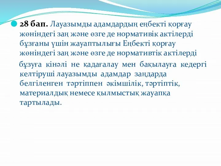 28 бап. Лауазымды адамдардың еңбекті қорғау жөніндегі заң жəне өзге де