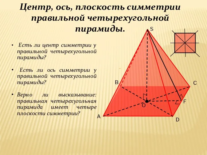 Центр, ось, плоскость симметрии правильной четырехугольной пирамиды. S O F A