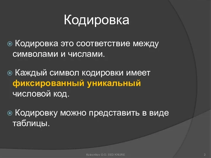 Кодировка Кодировка это соответствие между символами и числами. Каждый символ кодировки