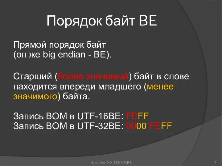 Порядок байт BE Прямой порядок байт (он же big endian -