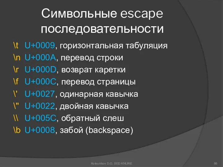 Символьные escape последовательности \t U+0009, горизонтальная табуляция \n U+000A, перевод строки