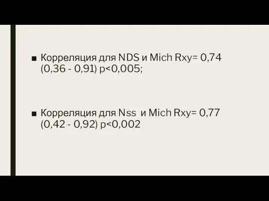 Корреляция для NDS и Mich Rxy= 0,74 (0,36 - 0,91) p