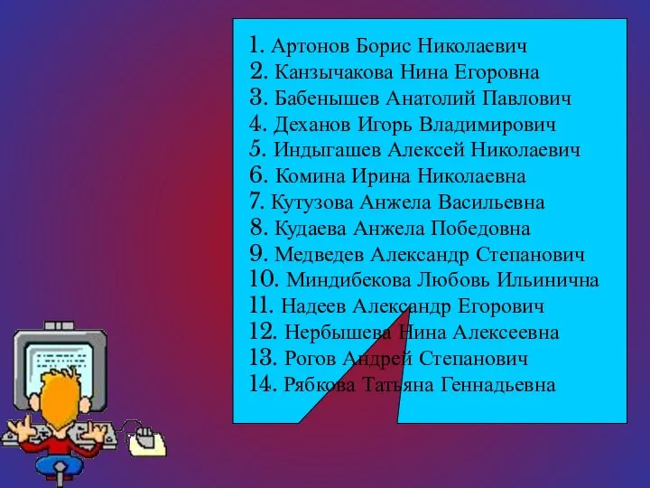 1. Артонов Борис Николаевич 2. Канзычакова Нина Егоровна 3. Бабенышев Анатолий