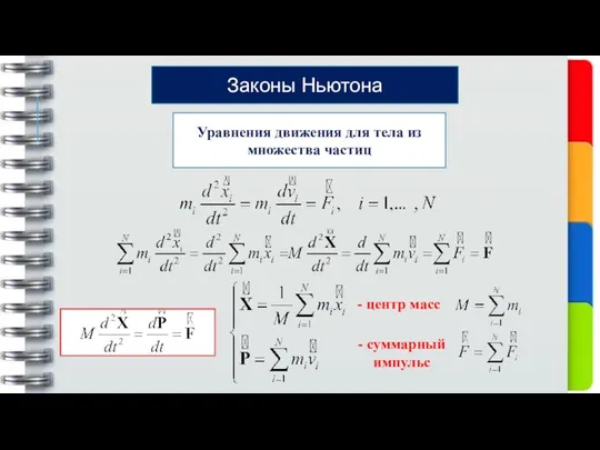 Уравнения движения для тела из множества частиц Законы Ньютона - центр масс - суммарный импульс