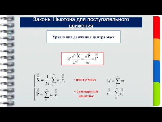 Уравнения движения центра масс Законы Ньютона для поступательного движения - центр масс - суммарный импульс