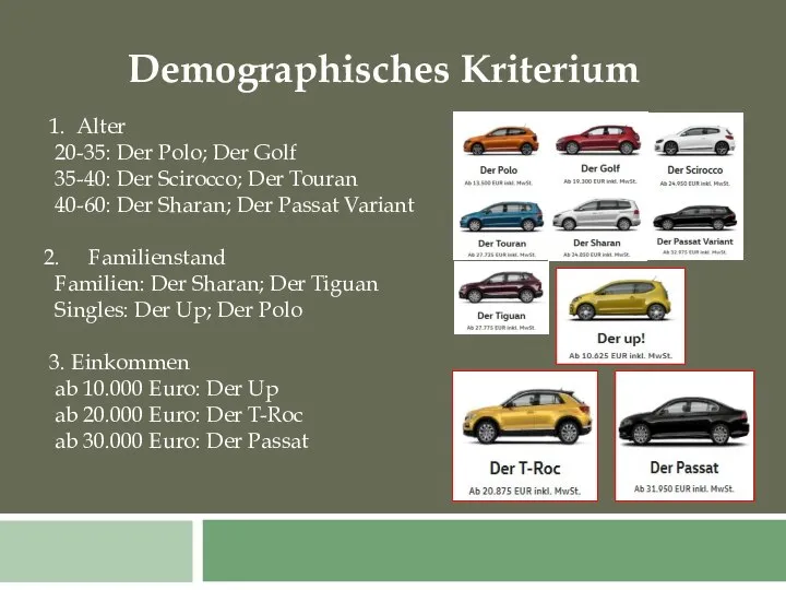 Demographisches Kriterium 1. Alter 20-35: Der Polo; Der Golf 35-40: Der