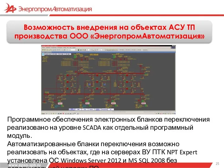 Программное обеспечения электронных бланков переключения реализовано на уровне SCADA как отдельный