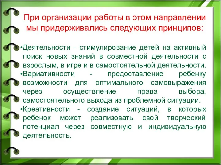 При организации работы в этом направлении мы придерживались следующих принципов: Деятельности