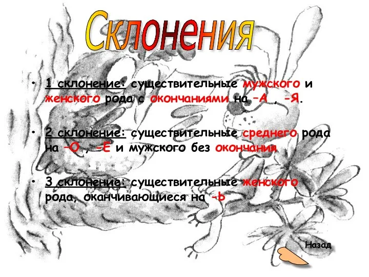 1 склонение: существительные мужского и женского рода с окончаниями на –А