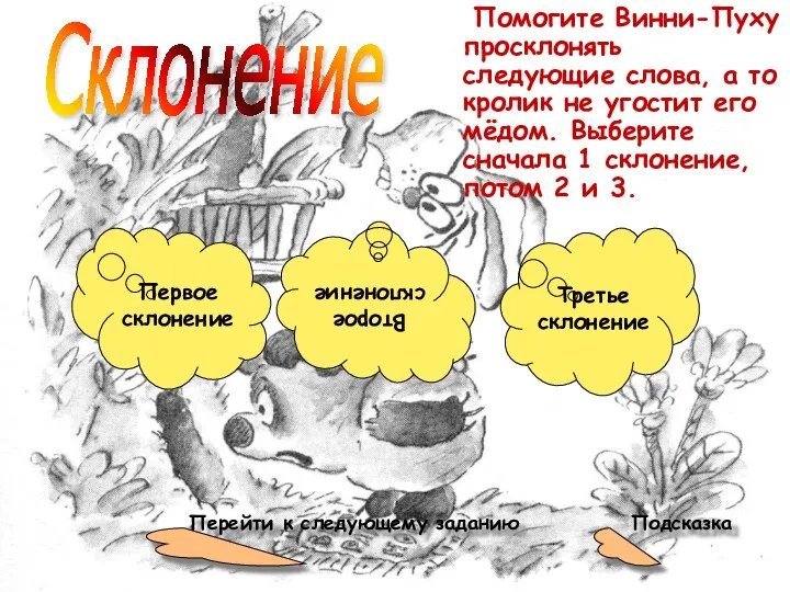 Первое склонение Помогите Винни-Пуху просклонять следующие слова, а то кролик не