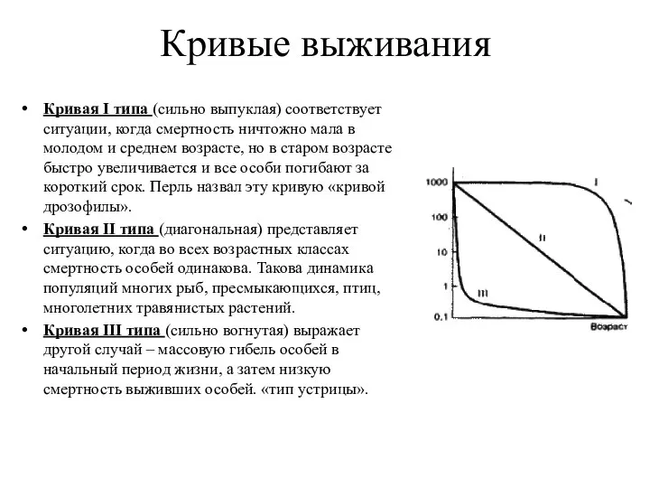 Кривые выживания Кривая I типа (сильно выпуклая) соответствует ситуации, когда смертность