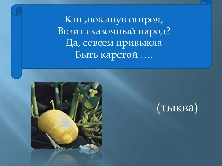 Кто ,покинув огород, Возит сказочный народ? Да, совсем привыкла Быть каретой …. (тыква)