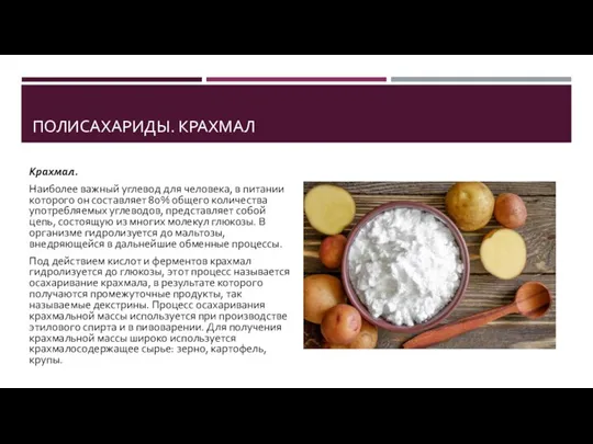 ПОЛИСАХАРИДЫ. КРАХМАЛ Крахмал. Наиболее важный углевод для человека, в питании которого