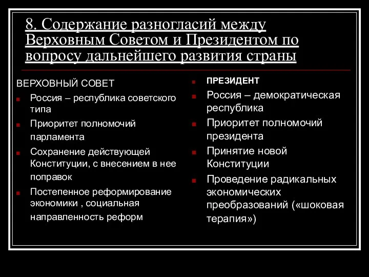 8. Содержание разногласий между Верховным Советом и Президентом по вопросу дальнейшего