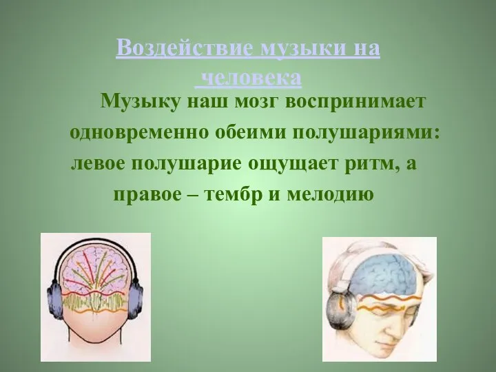 Воздействие музыки на человека Музыку наш мозг воспринимает одновременно обеими полушариями: