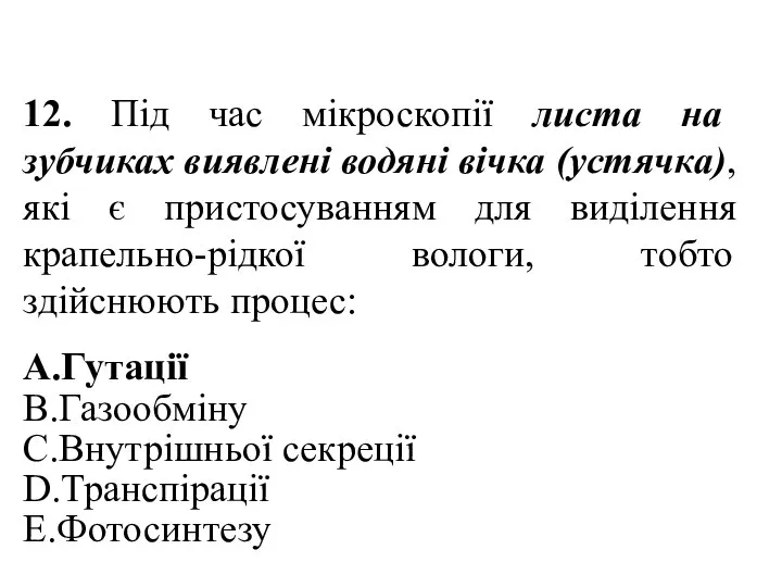 12. Під час мікроскопії листа на зубчиках виявлені водяні вічка (устячка),