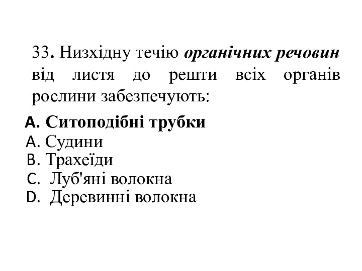 33. Низхідну течiю органічних речовин від листя до решти всіх органів