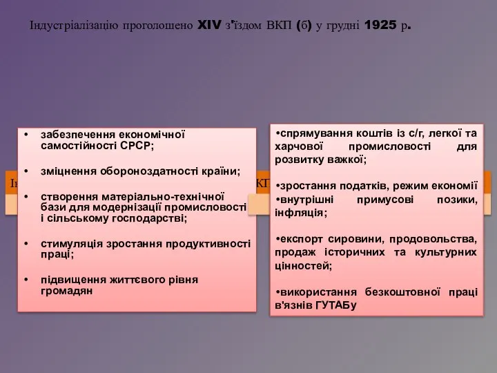 Індустріалізацію проголошено XIV з'їздом ВКП (б) у грудні 1925 р. Індустріалізацію