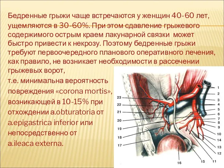 Бедренные грыжи чаще встречаются у женщин 40-60 лет, ущемляются в 30-60%.