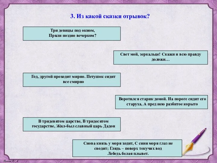 3. Из какой сказки отрывок? Три девицы под окном, Пряли поздно