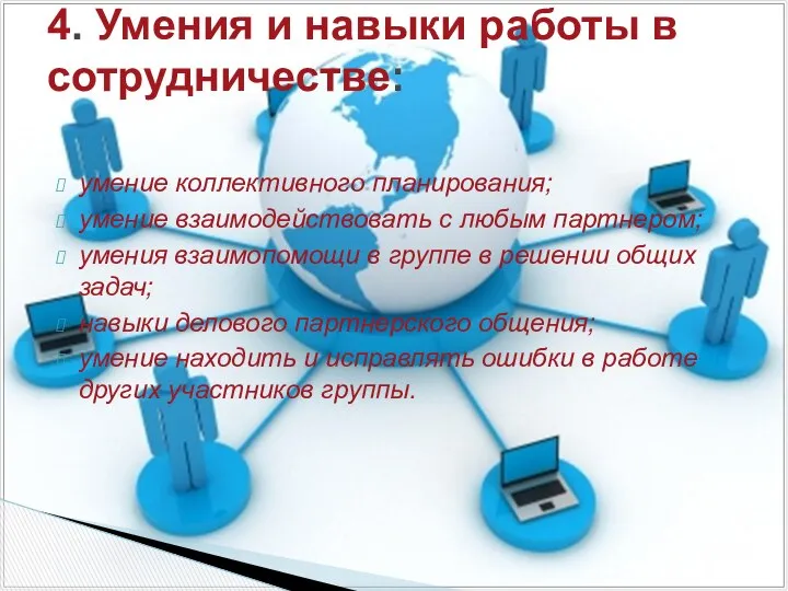 умение коллективного планирования; умение взаимодействовать с любым партнером; умения взаимопомощи в