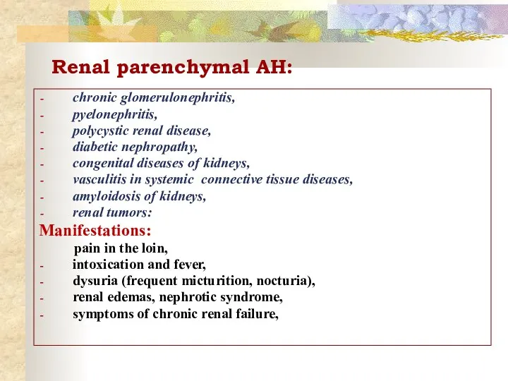 Renal parenchymal AH: chronic glomerulonephritis, pyelonephritis, polycystic renal disease, diabetic nephropathy,