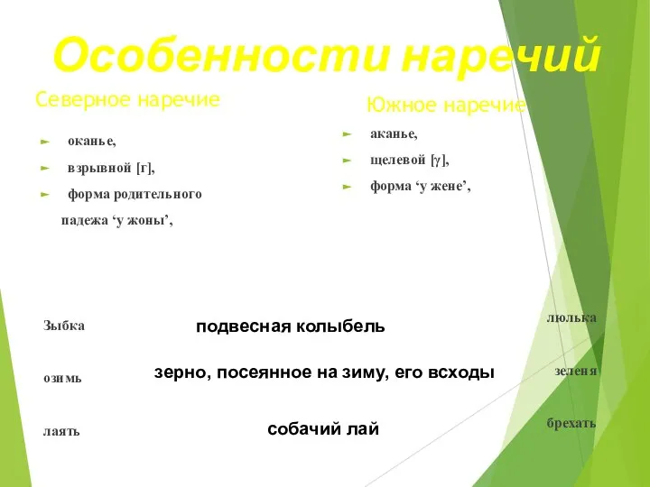 Особенности наречий Северное наречие оканье, взрывной [г], форма родительного падежа ‘у