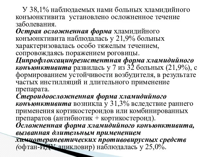 У 38,1% наблюдаемых нами больных хламидийного конъюнктивита установлено осложненное течение заболевания.