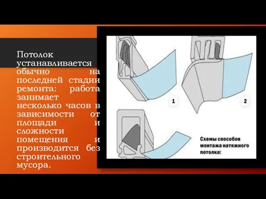 Потолок устанавливается обычно на последней стадии ремонта: работа занимает несколько часов