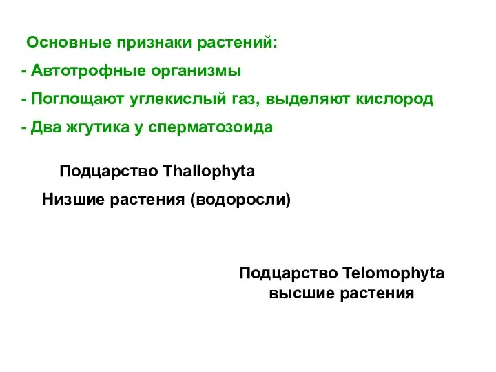 Основные признаки растений: Автотрофные организмы Поглощают углекислый газ, выделяют кислород Два