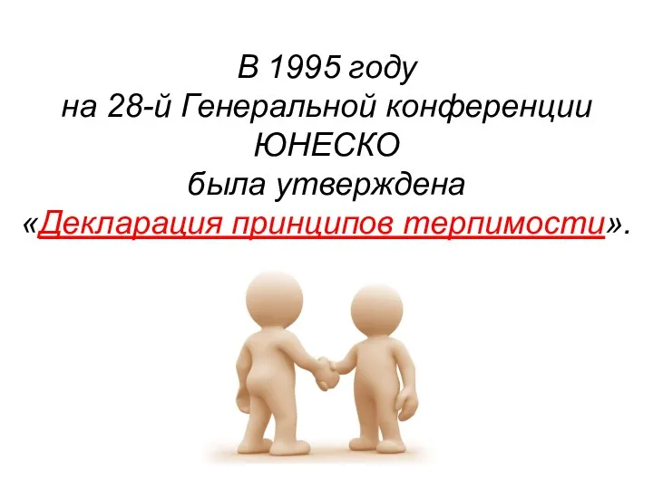 В 1995 году на 28-й Генеральной конференции ЮНЕСКО была утверждена «Декларация принципов терпимости».