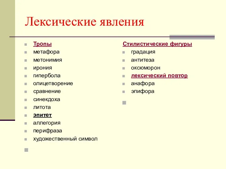 Лексические явления Тропы метафора метонимия ирония гипербола олицетворение сравнение синекдоха литота