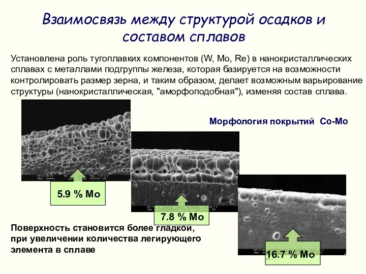 Поверхность становится более гладкой, при увеличении количества легирующего элемента в сплаве