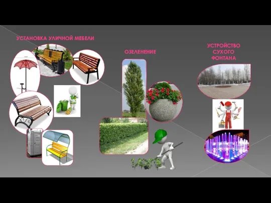 УСТАНОВКА УЛИЧНОЙ МЕБЕЛИ ОЗЕЛЕНЕНИЕ УСТРОЙСТВО СУХОГО ФОНТАНА