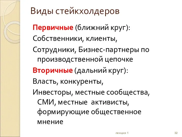 Виды стейкхолдеров Первичные (ближний круг): Собственники, клиенты, Сотрудники, Бизнес-партнеры по производственной