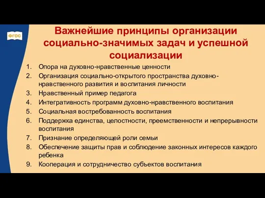 Важнейшие принципы организации социально-значимых задач и успешной социализации Опора на духовно-нравственные