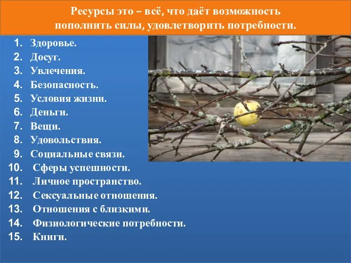 Ресурсы это – всё, что даёт возможность пополнить силы, удовлетворить потребности.