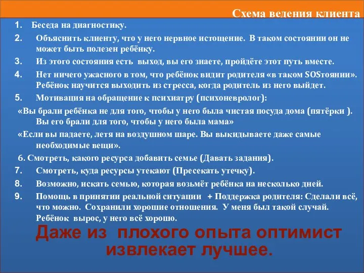 Схема ведения клиента Беседа на диагностику. Объяснить клиенту, что у него