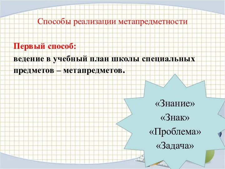 Способы реализации метапредметности Первый способ: ведение в учебный план школы специальных