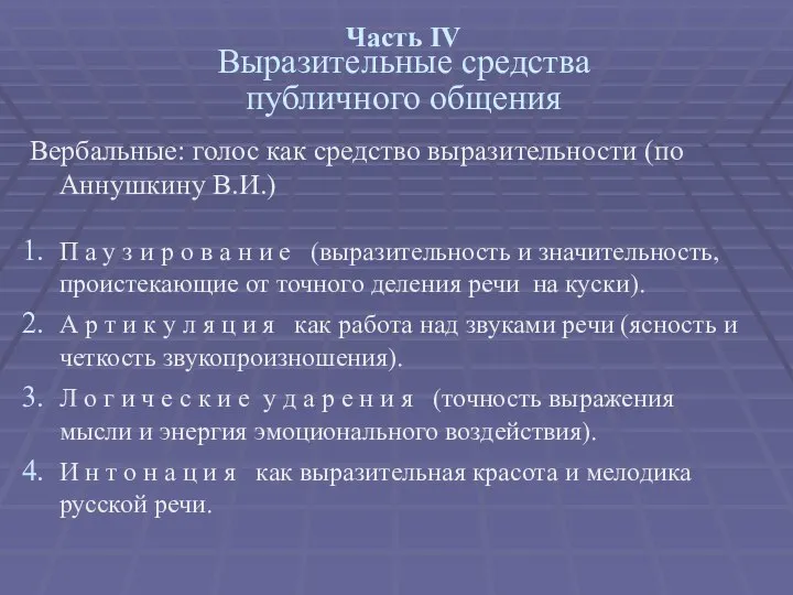 Часть IV Выразительные средства публичного общения Вербальные: голос как средство выразительности