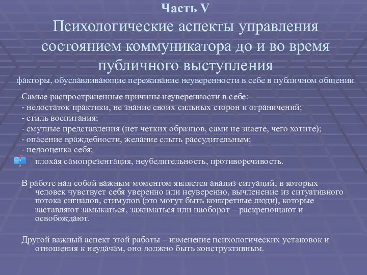 Часть V Психологические аспекты управления состоянием коммуникатора до и во время