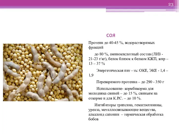 СОЯ Протеин до 40-45 %, водорастворимых фракций до 80 %, аминокислотный