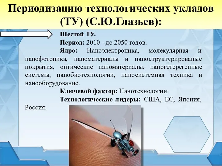 Шестой ТУ. Период: 2010 - до 2050 годов. Ядро: Наноэлектроника, молекулярная