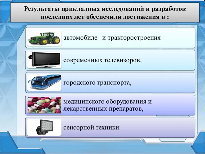 Результаты прикладных исследований и разработок последних лет обеспечили достижения в :