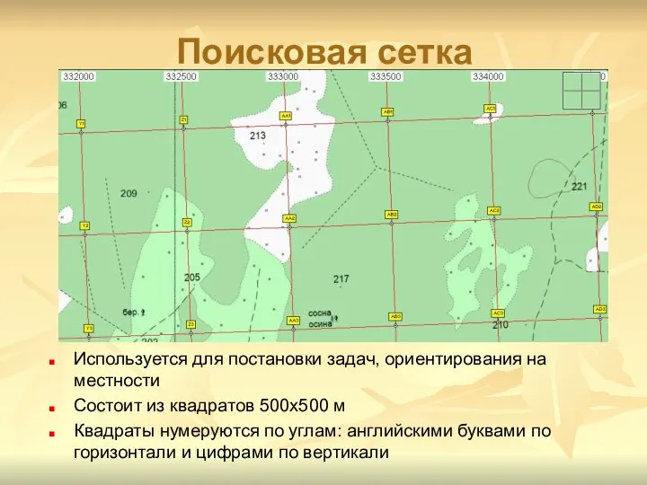 Поисковая сетка Используется для постановки задач, ориентирования на местности Состоит из